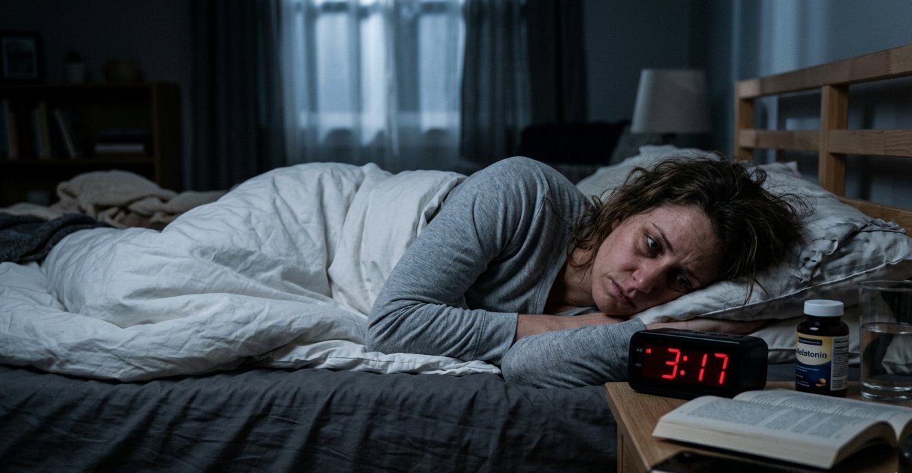 Woman lying awake at 3:17 AM staring at clock with melatonin bottle on nightstand